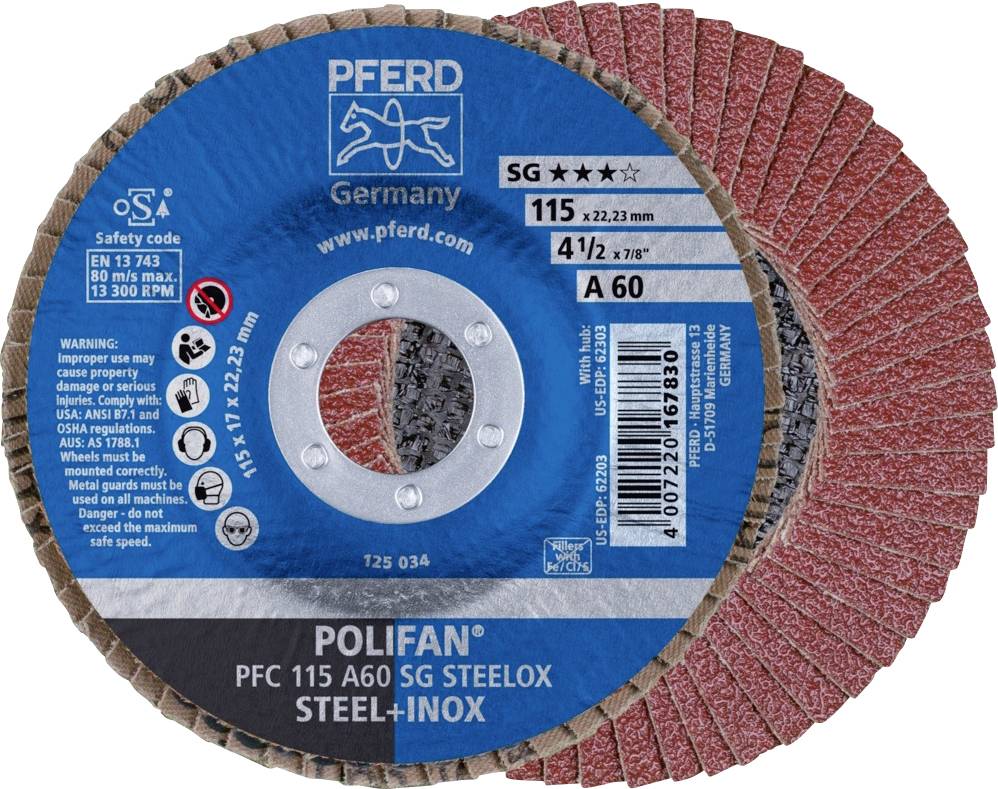 Thumbnail - PFERD TOOLS 67706115 PFC 115 A 60 SG STEELOX Fächerschleifscheibe Durchmesser 115 mm Bohrungs-Ø 22.23 mm Edelstahl, Stah...