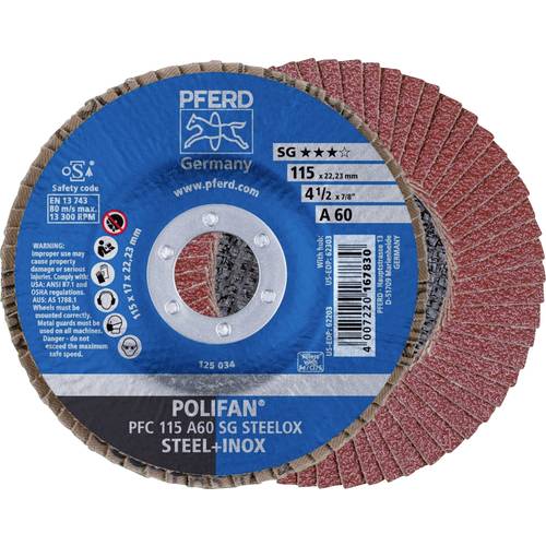 Thumbnail - PFERD TOOLS 67706115 PFC 115 A 60 SG STEELOX Fächerschleifscheibe Durchmesser 115 mm Bohrungs-Ø 22.23 mm Edelstahl, Stah...
