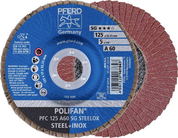 PFERD TOOLS 67706125 PFC 125 A 60 SG STEELOX Fächerschleifscheibe Durchmesser 125 mm Bohrungs-Ø 22.23 mm Körnung (num) 60 Edelstahl, Stahl 10 St.
