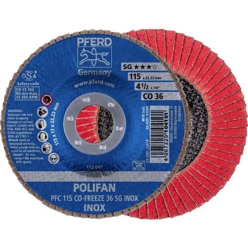Thumbnail - PFERD TOOLS 67711536 PFC 115 CO-FREEZE 36 SG INOX Fächerschleifscheibe Durchmesser 115 mm Bohrungs-Ø 22.23 mm Nickelbasi...