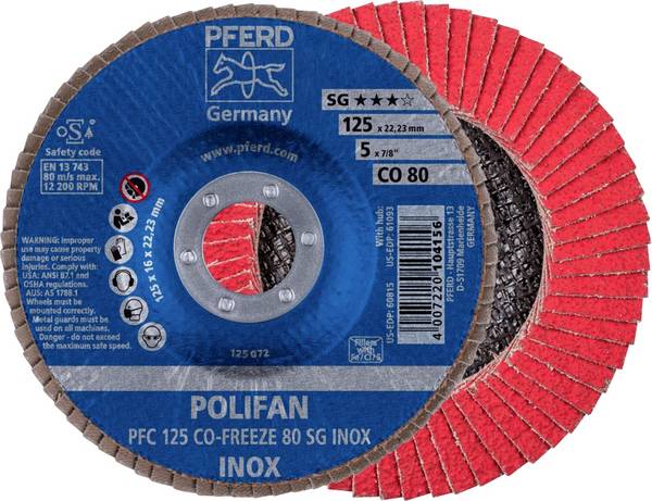 PFERD TOOLS 67712580 PFC 125 CO-FREEZE 80 SG INOX Fächerschleifscheibe Durchmesser 125 mm Bohrungs-Ø 22.23 mm Körnung (num) 80 Nickelbasislegierung, Superlegierungen auf Nickel oder Titanbasis, Edelstahl 10 St.