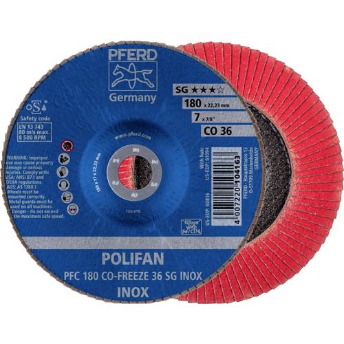 Thumbnail - PFERD TOOLS 67718036 PFC 180 CO-FREEZE 36 SG INOX Fächerschleifscheibe Durchmesser 180 mm Bohrungs-Ø 22.23 mm Nickelbasi...