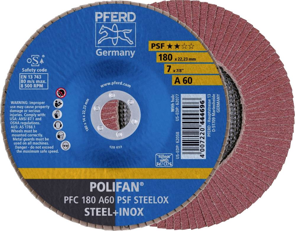 PFERD TOOLS 67746185 PFC 180 A 60 PSF STEELOX Fächerschleifscheibe Durchmesser 180 mm Bohrungs-Ø 22.23 mm Edelstahl, Sta...