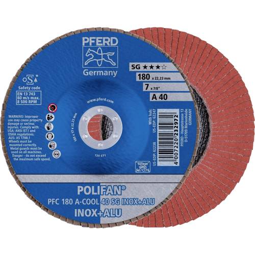 Thumbnail - PFERD TOOLS 67754185 PFC 180 A-COOL 40 SG INOX+ALU Fächerschleifscheibe Durchmesser 180 mm Bohrungs-Ø 22.23 mm Aluminium...