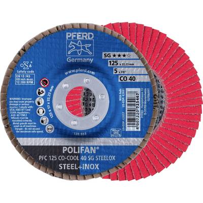 Eine rot-blaue Schleifscheibe der Marke PFERD mit der Aufschrift 'POLIFAN PFC 125 CO-COOL 40 SG STEELOX'.