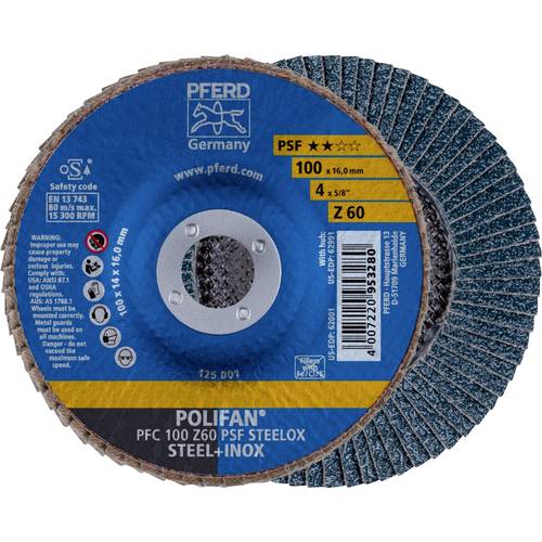 Thumbnail - PFERD TOOLS 67766100 PFC 100 Z 60 PSF STEELOX/16,0 Fächerschleifscheibe Durchmesser 100 mm Bohrungs-Ø 16 mm Edelstahl, S...