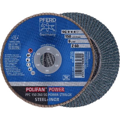 Thumbnail - PFERD TOOLS 67786150 PFC 150 Z 60 SG POWER STEELOX Fächerschleifscheibe Durchmesser 150 mm Bohrungs-Ø 22.23 mm Edelstahl...
