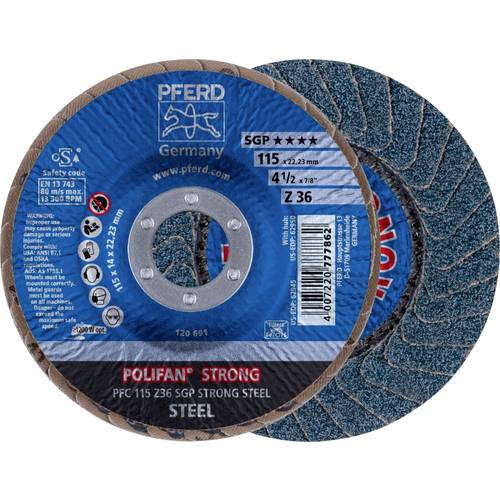 Thumbnail - PFERD TOOLS 67788015 PFC 115 Z 36 SGP STRONG STEEL Fächerschleifscheibe Durchmesser 115 mm Bohrungs-Ø 22.23 mm Stahl 10 ...