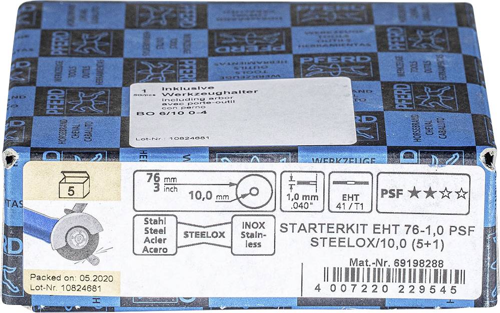 Blau-weiße Verpackung einer Schleifscheiben-Starterkit, 76 mm Durchmesser, 10 mm Stärke, für Stahl und Edelstahl. Enthält 5 Scheiben.