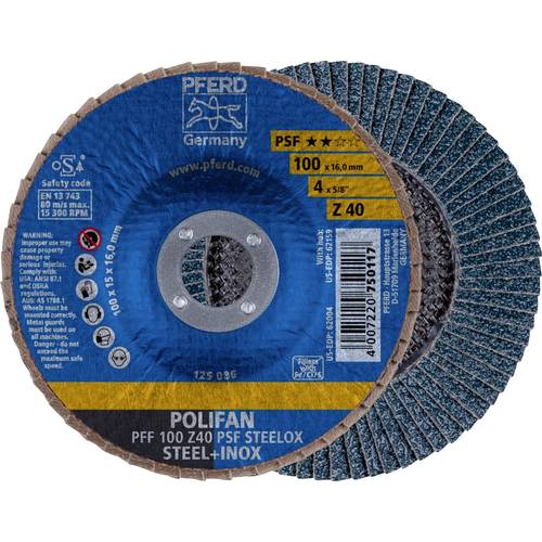 Thumbnail - PFERD TOOLS 69300660 PFF 100 Z 40 PSF STEELOX/16,0 Fächerschleifscheibe Durchmesser 100 mm Bohrungs-Ø 16 mm Edelstahl, S...