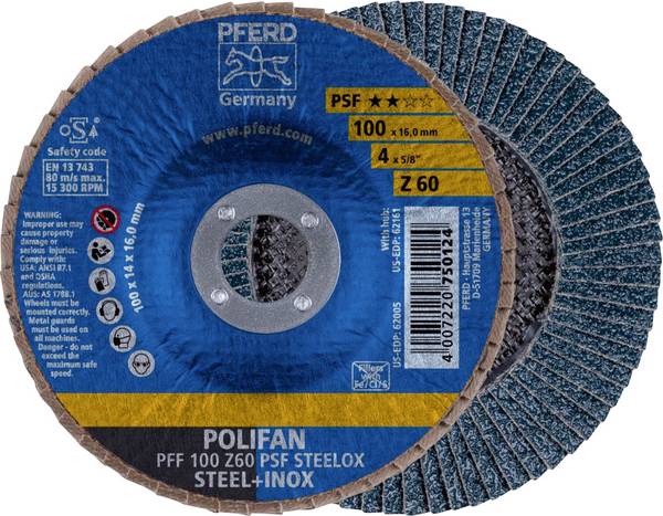 PFERD TOOLS 69300661 PFF 100 Z 60 PSF STEELOX/16,0 Fächerschleifscheibe Durchmesser 100 mm Bohrungs-Ø 16 mm Körnung (num) 60 Edelstahl, Stahl 10 St.