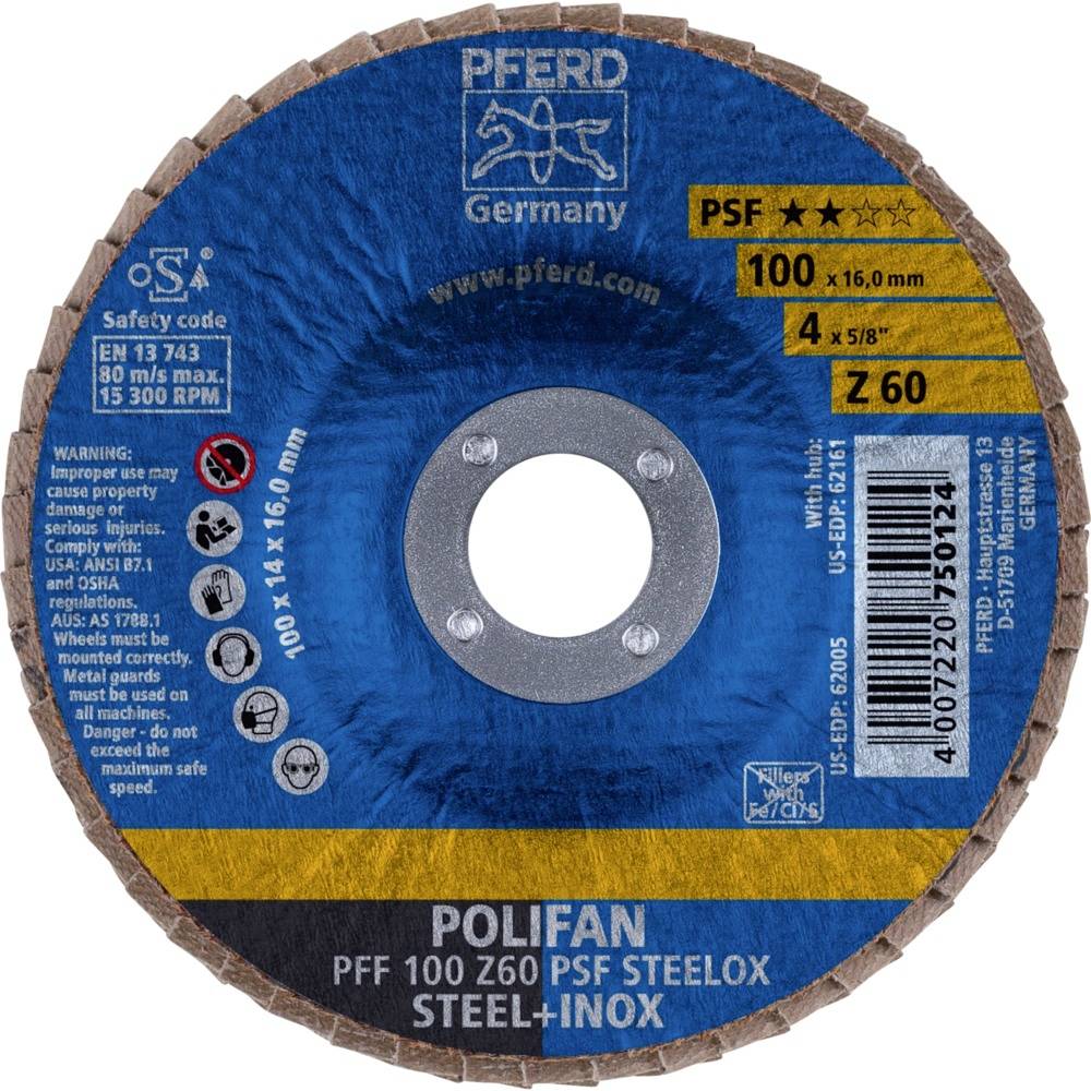 Schleifscheibe von PFERD für Stahl und Inox, Durchmesser 100 mm, Dicke 16 mm, 4 Lagen, Körnung Z60. Produktcode: 13302120.