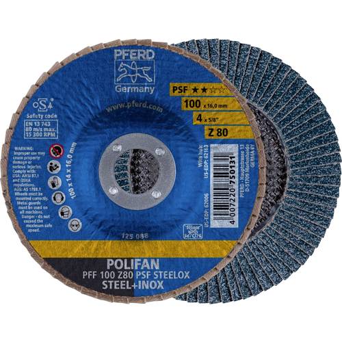 Thumbnail - PFERD TOOLS 69300662 PFF 100 Z 80 PSF STEELOX/16,0 Fächerschleifscheibe Durchmesser 100 mm Bohrungs-Ø 16 mm Edelstahl, S...