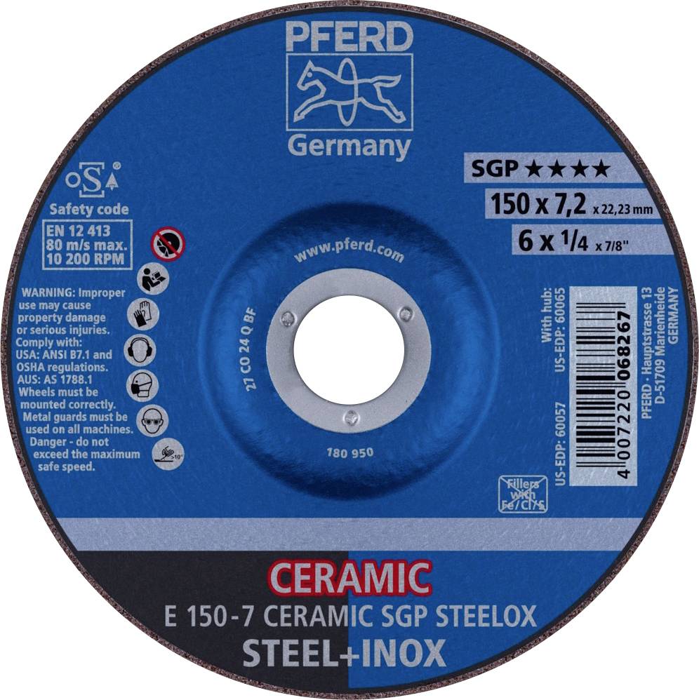 PFERD 69901759 E 150-7 CERAMIC SGP STEELOX Schruppscheibe gekröpft 150 mm 22.23 mm 10 St.