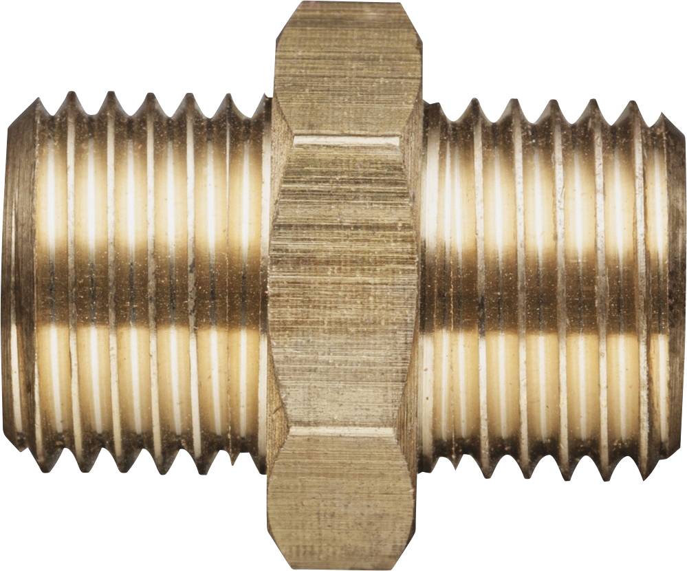 Metalladapter mit doppeltem Außengewinde, symmetrisch, zur Verbindung von Rohrleitungen in der Sanitär- oder Heizungsinstallation.