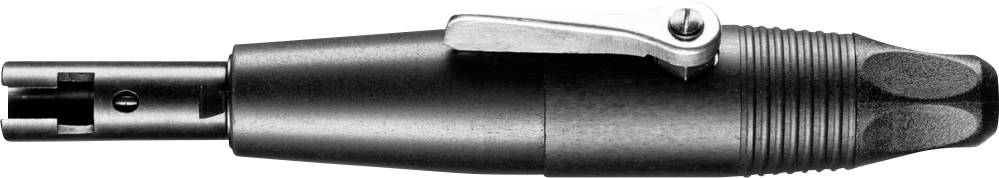 Ein schwarzer, zylindrischer Adapter mit Hebel, wahrscheinlich ein technisches Gerät, legt nahe, dass er für eine spezifische Montage oder Verbindung genutzt wird.