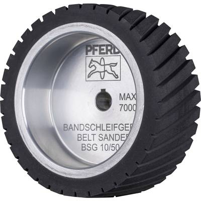Gummiertes Schleifbandrad mit silberner Innenfläche, zentralem Logo und Aufschrift 'Bandschleifgerät Belt Sander BSG 10/50'.