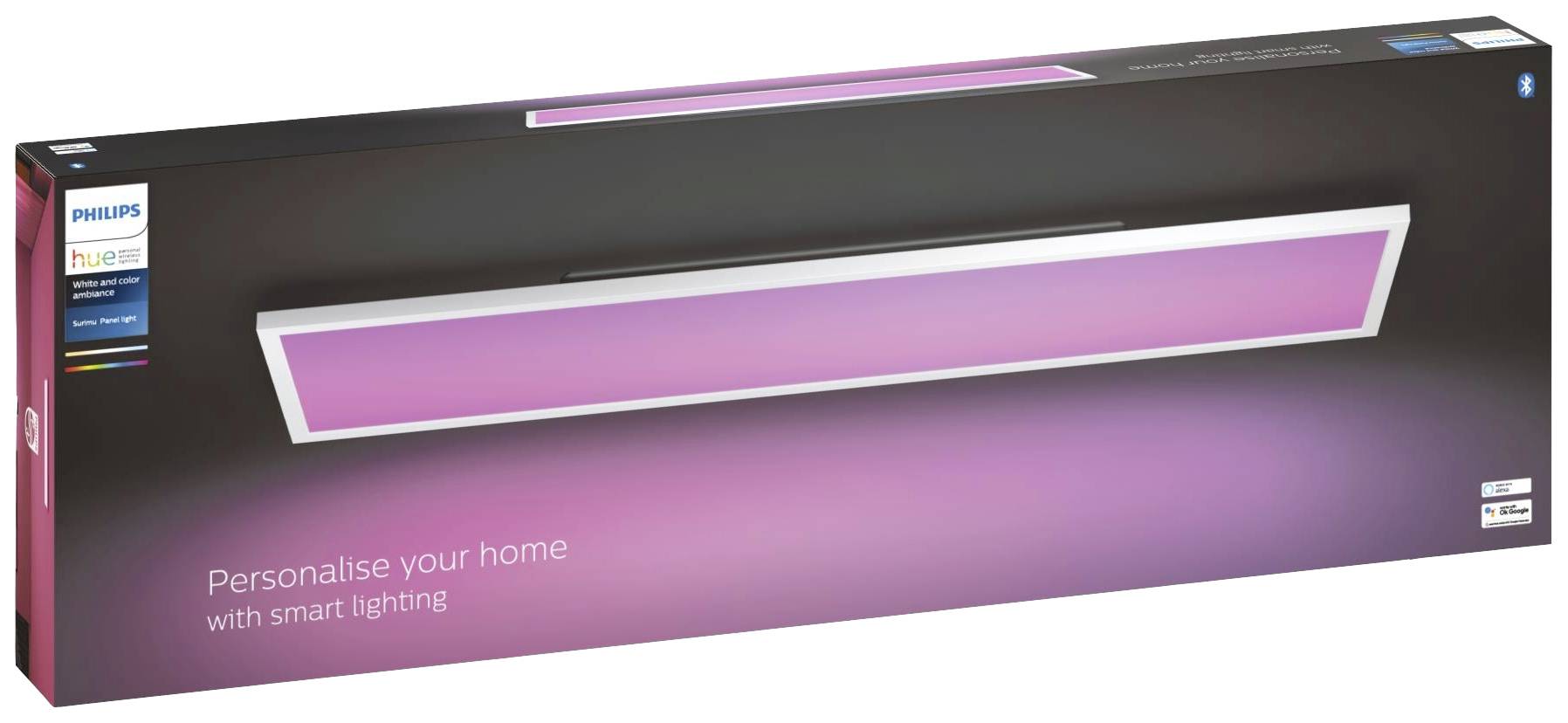 Verpackung einer Philips Hue LED-Leuchte. Die Leuchte strahlt rosa Licht aus. Text auf der Verpackung: 'Personalise your home with smart lighting'.