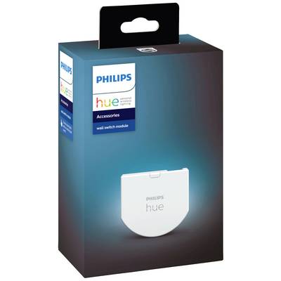 Verpackung des Philips Hue Wandschalter-Moduls. Zeigt das Produktbild eines weißen Moduls unter dem Logo auf blauem Hintergrund.