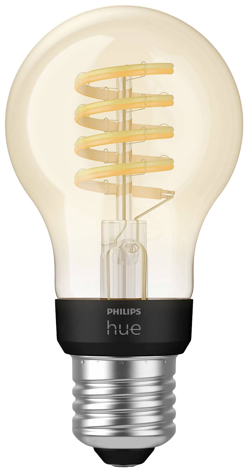 Glühbirne mit sichtbarem Spiralfaden, warmweiße Lichtfarbe, Marke Philips Hue, dekoratives Retro-Design, E27-Fassung.