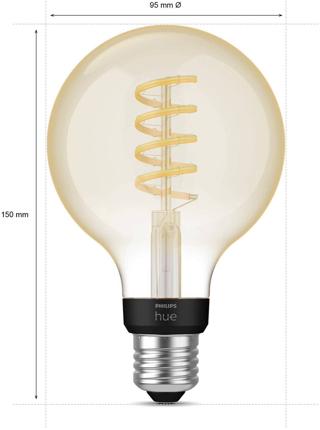 LED-Glühbirne mit E27-Sockel, 150 mm hoch und 95 mm Durchmesser, zeigt spiralförmigen Glühfaden und ist beschriftet mit 'Philips Hue'.