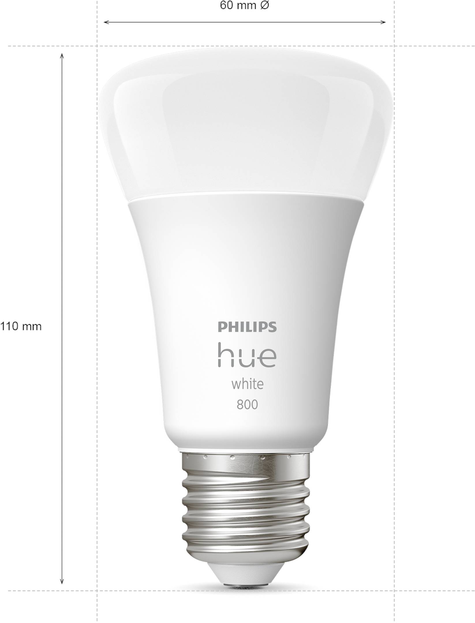 Eine weiße Philips Hue LED-Glühbirne mit E27-Sockel, 800 Lumen. Höhe beträgt 110 mm, Durchmesser 60 mm. Energiesparend und steuerbar.