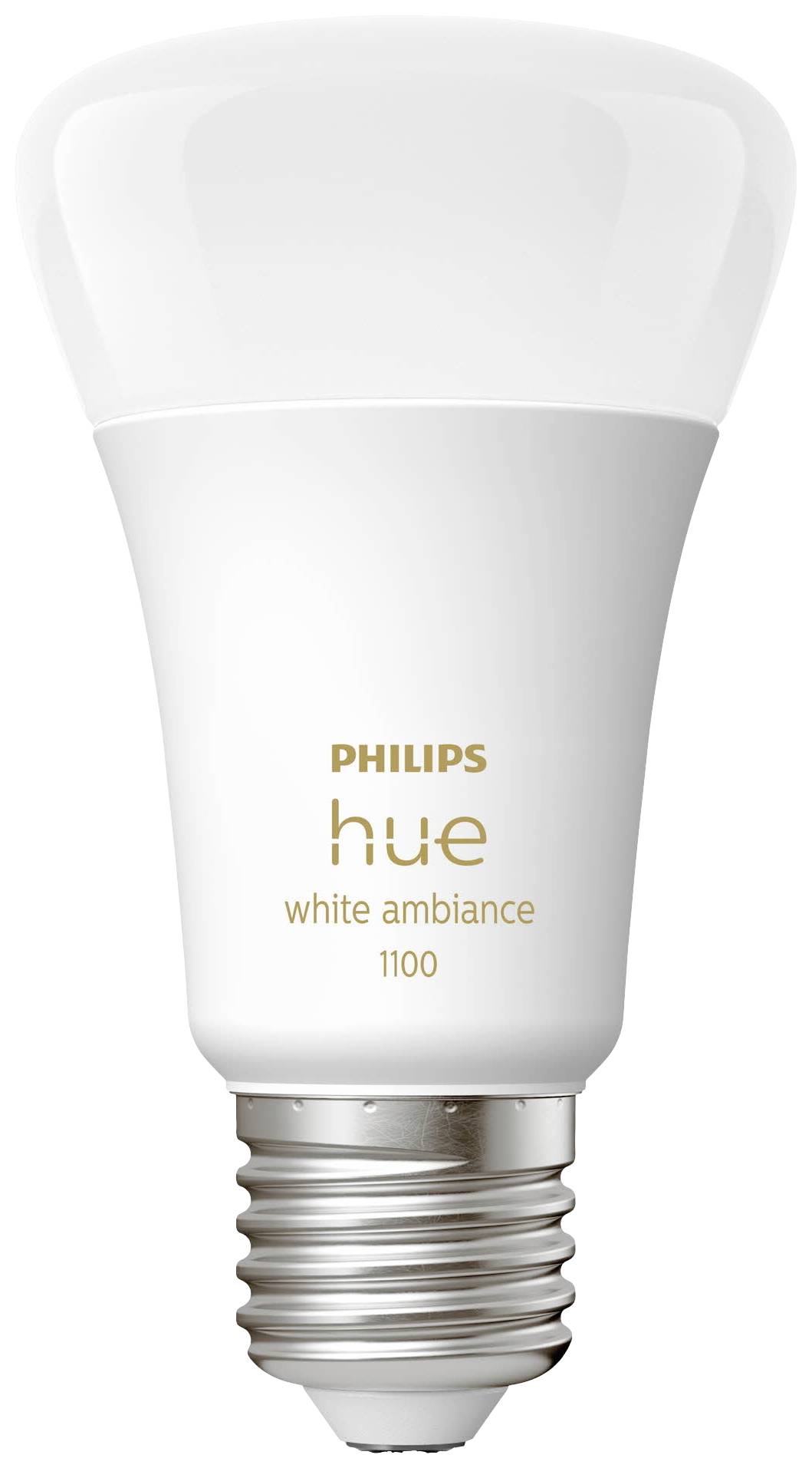 LED-Glühbirne 'Philips Hue White Ambiance', Modell 1100, mit Standard-Schraubsockel und weißem Korpus. Ideal für smarte Beleuchtung.