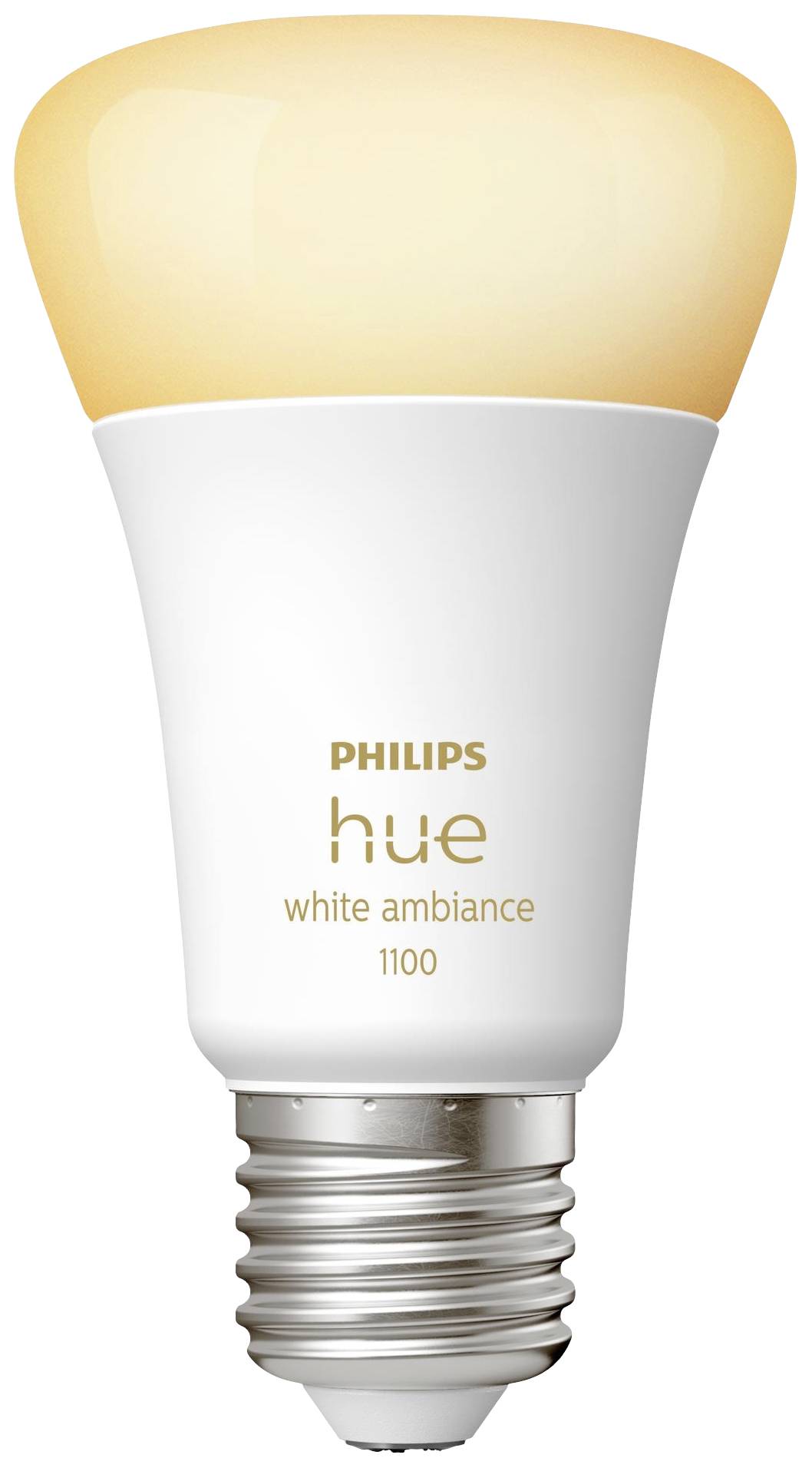 Glühbirne 'Philips Hue White Ambiance 1100', mit einer warmweißen Leuchtkappe, geeignet für smartes, anpassbares Licht.