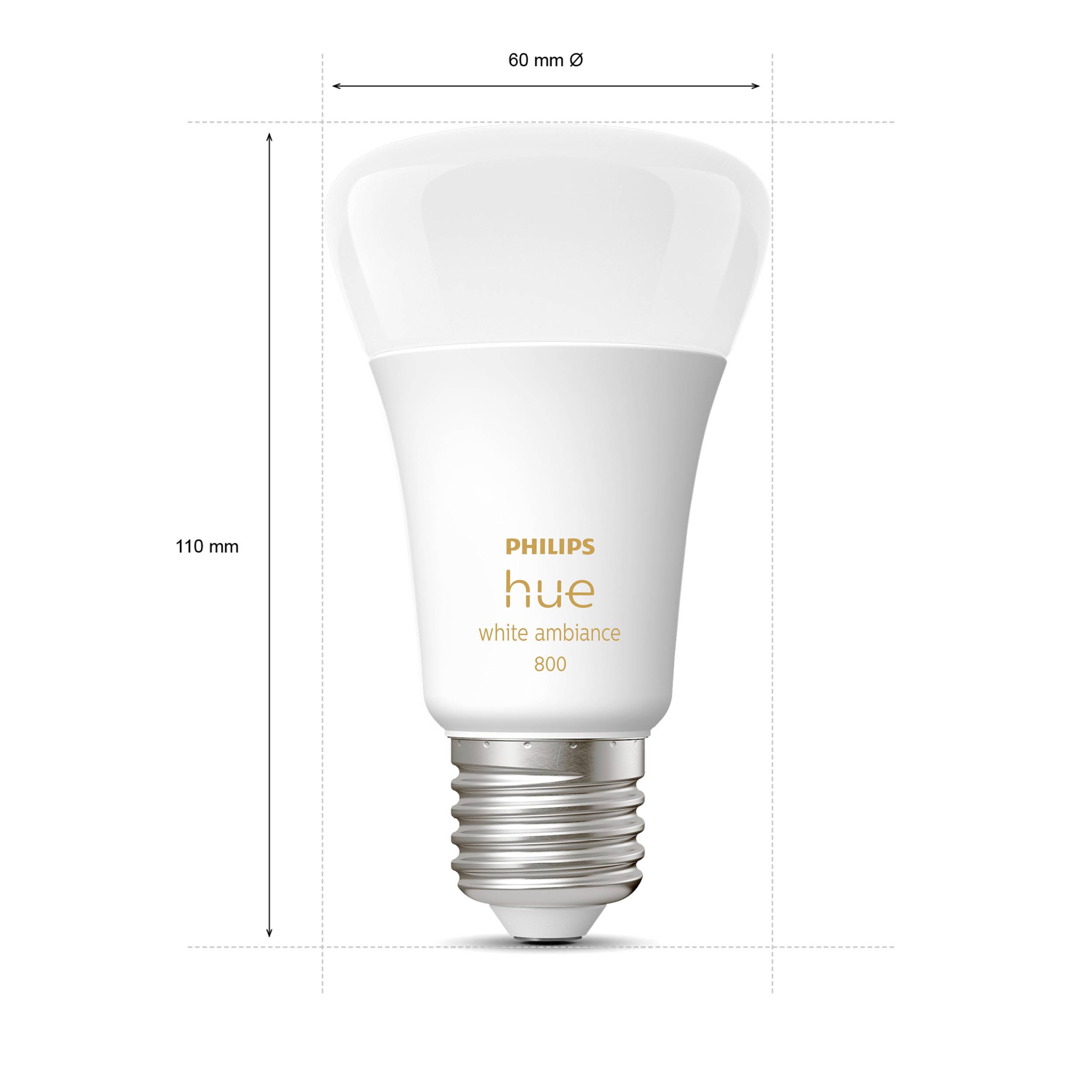 Eine weiße Philips Hue Glühbirne mit der Aufschrift 'white ambiance 800', Höhe 110 mm, Durchmesser 60 mm.
