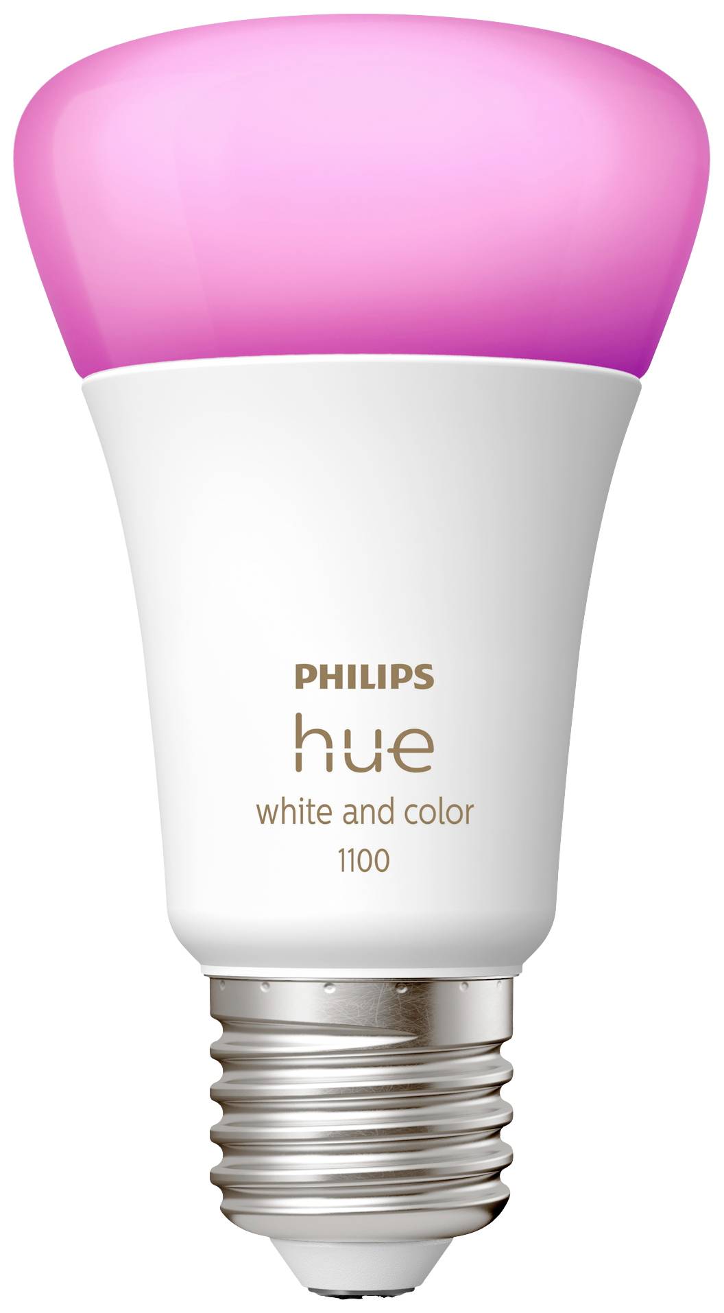 Eine smarte LED-Lampe von Philips Hue, Modell 'white and color 1100', mit rosa Leuchtfarbe an der Spitze und Standard-Schraubsockel.