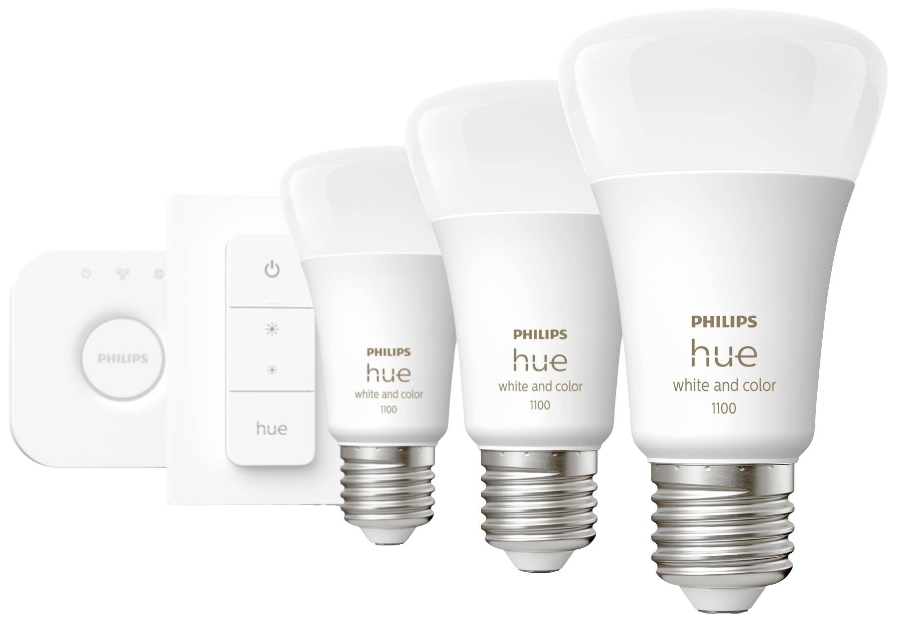 'Drei Philips Hue Glühbirnen und ein Steuergerät. Die Glühbirnen ermöglichen eine farbige Beleuchtung und sind mit dem System kompatibel.'