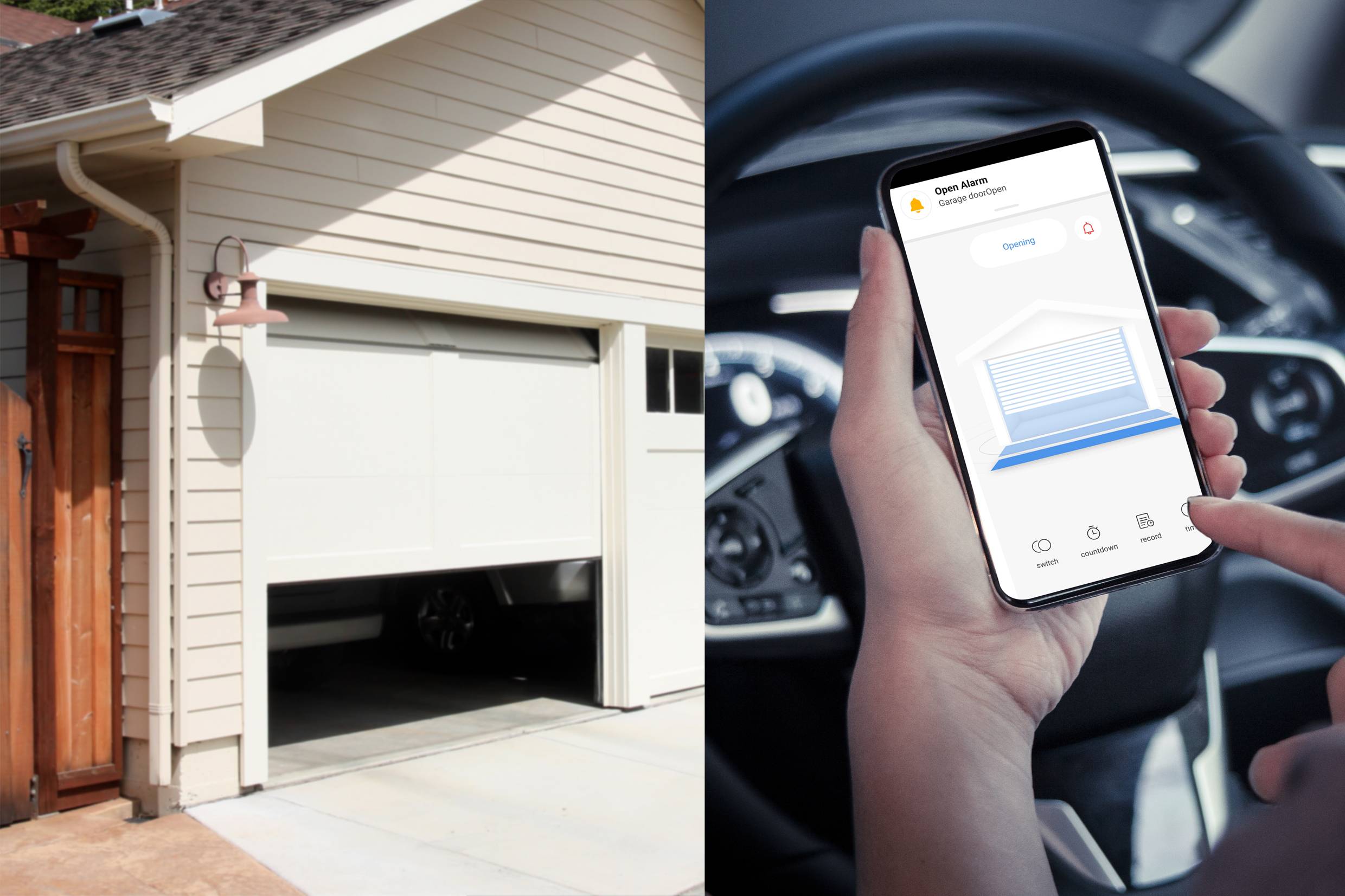 'Eine Garage, deren Tür halb geöffnet ist; daneben eine Hand, die ein Smartphone mit einer App zur Steuerung der Garagentür zeigt.'