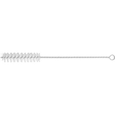Langer Flaschenbürstenreiniger mit spiralförmigem Metallstiel und weißen Borsten, geeignet zum Reinigen von schmalen Flaschen oder Röhren.