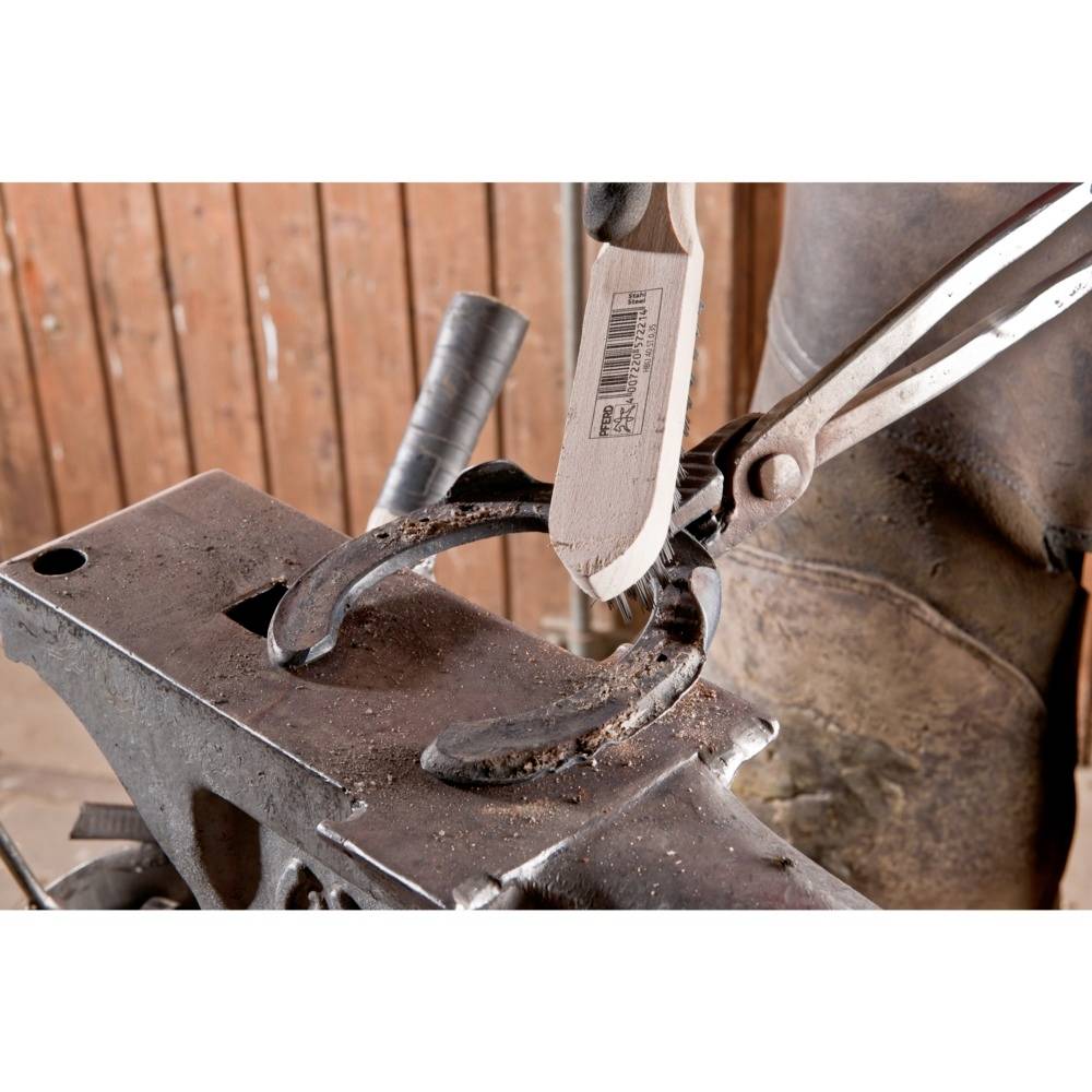 Eine Person bearbeitet ein Hufeisen auf einem Amboss in einer Schmiedewerkstatt. Metallwerkzeuge sind im Einsatz.