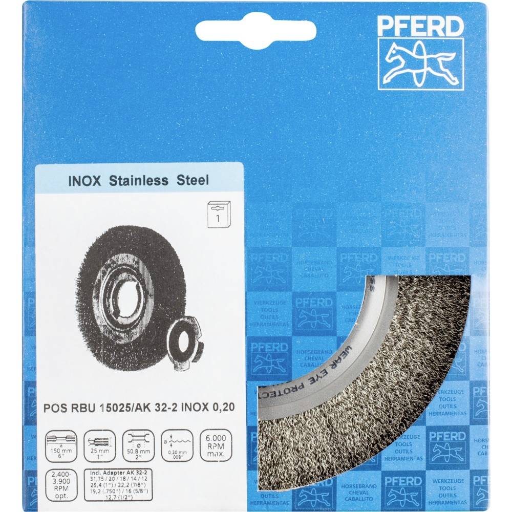 'PFERD INOX Edelstahl Rundbürste' in Verpackung. Details: Modell POS RBU 15025/AK 32-2 INOX 0,20, 6000 U/min, 3,10050238.