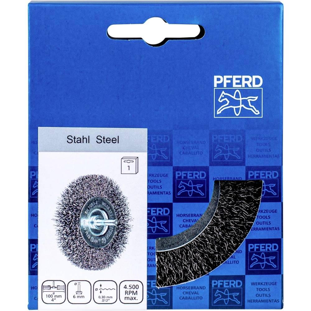 'Drahtbürste aus Stahl, PFERD Marke. Verpackung zeigt runde Stahlbürste, geeignet für maximal 4.500 U/min, Durchmesser 100 mm.'