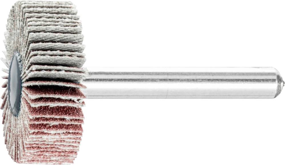 Ein Schleifaufsatz mit radialen Schleifpapierlamellen auf einem Metallstift, verwendet zum Oberflächenschleifen oder Polieren.