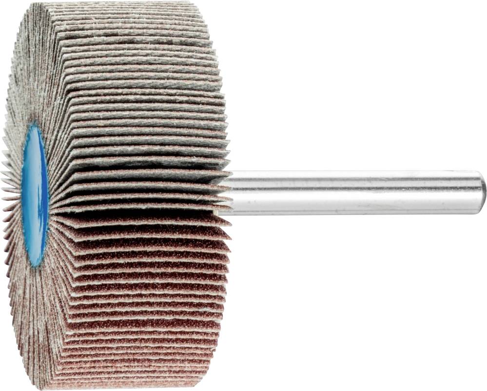 Schleiflamellenrad mit Metallstift, seitlich abgebildet. Geeignet zum Schleifen und Polieren von verschiedenen Oberflächenmaterialien.