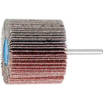 Ein Schleifaufsatz mit schleifpapierbedeckten Lamellen, montiert auf einem Metallstift.