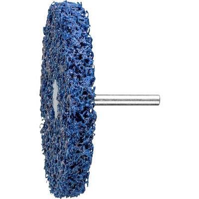 Ein blauer Schleifschwamm mit einem Metallstift, vertikal ausgerichtet, auf einem neutralen Hintergrund.