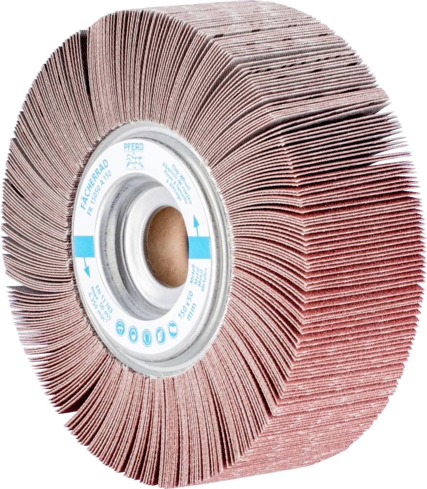 'Schleifscheibe mit vielen Lamellen, hauptsächlich rot, zentraler Metallkern, für Oberflächenbearbeitung und Polieren.'