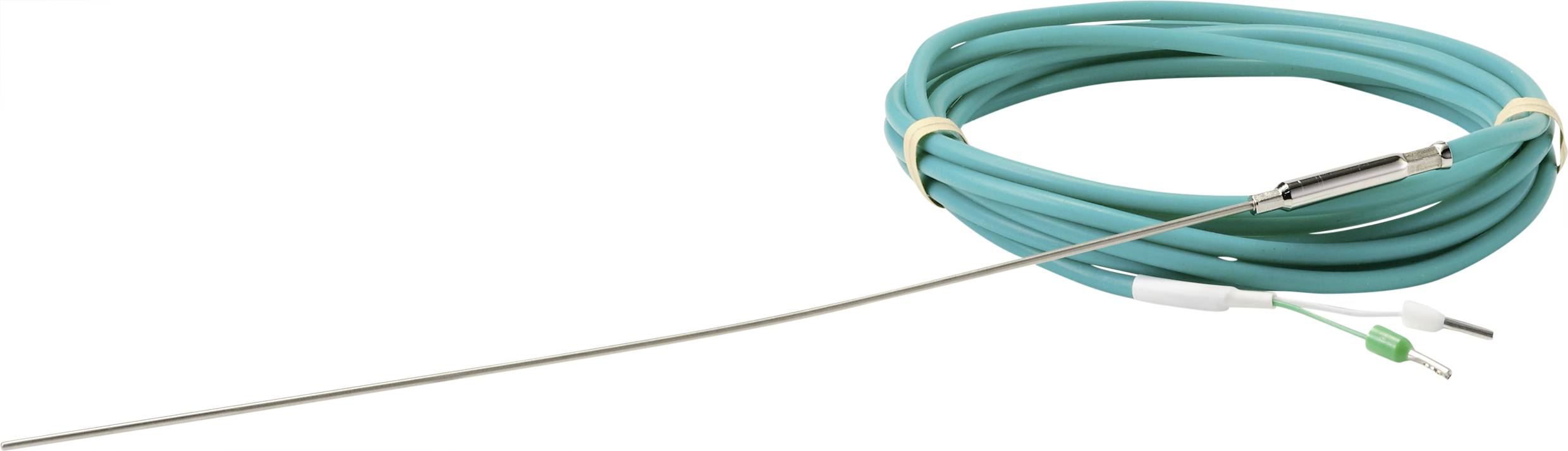 Ein langer, dünner, silberner Fühler ist an ein aufgewickeltes, grünliches Kabel mit Steckverbindungen befestigt.
