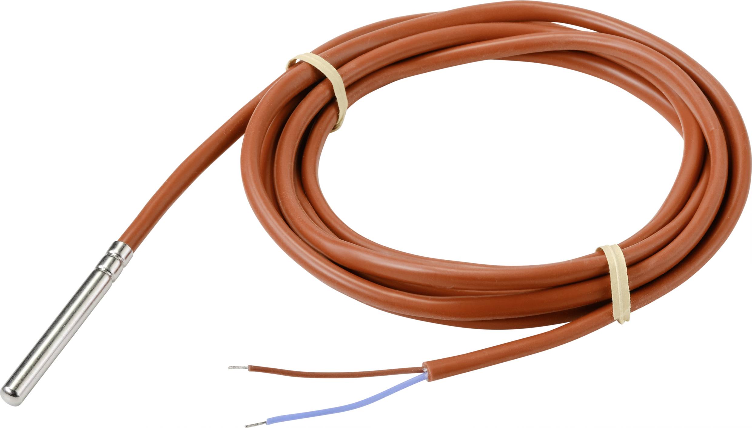 Roter Temperatursensor mit langem Kabel. Metalldetektor am Ende mit zwei offenen Drähten zur Verbindung.