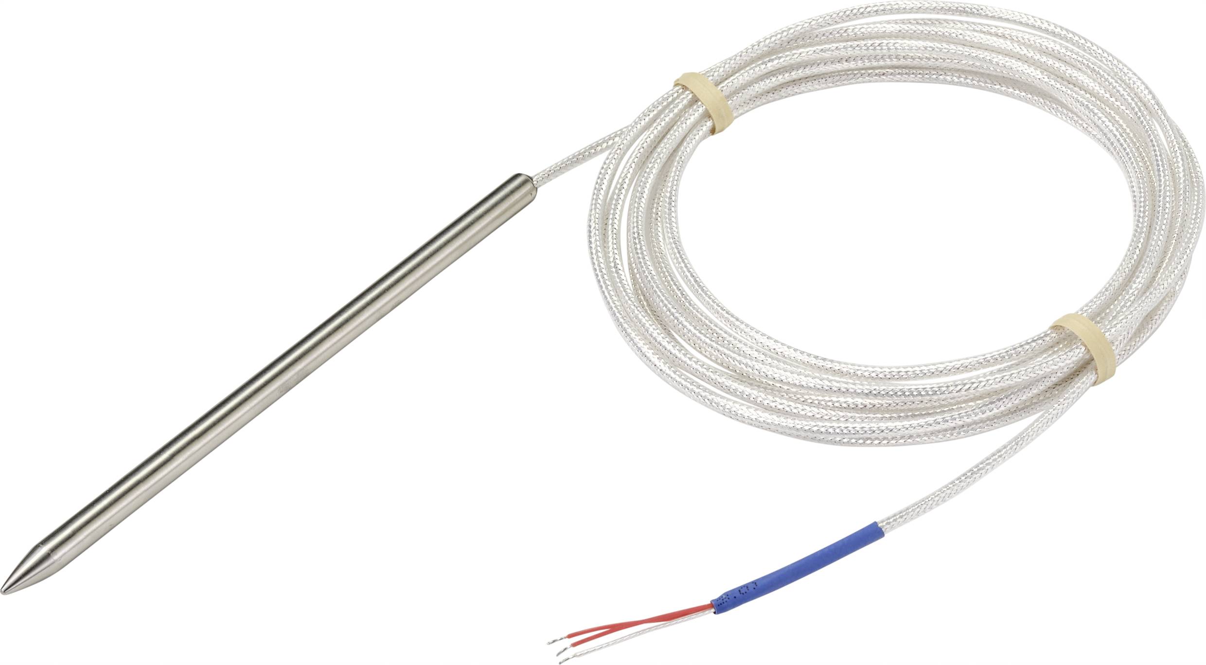 Metallische Sonde mit langem, umhülltem Kabel und offenen Kabelenden. Geeignet für Temperaturmessungen oder technische Anwendungen.