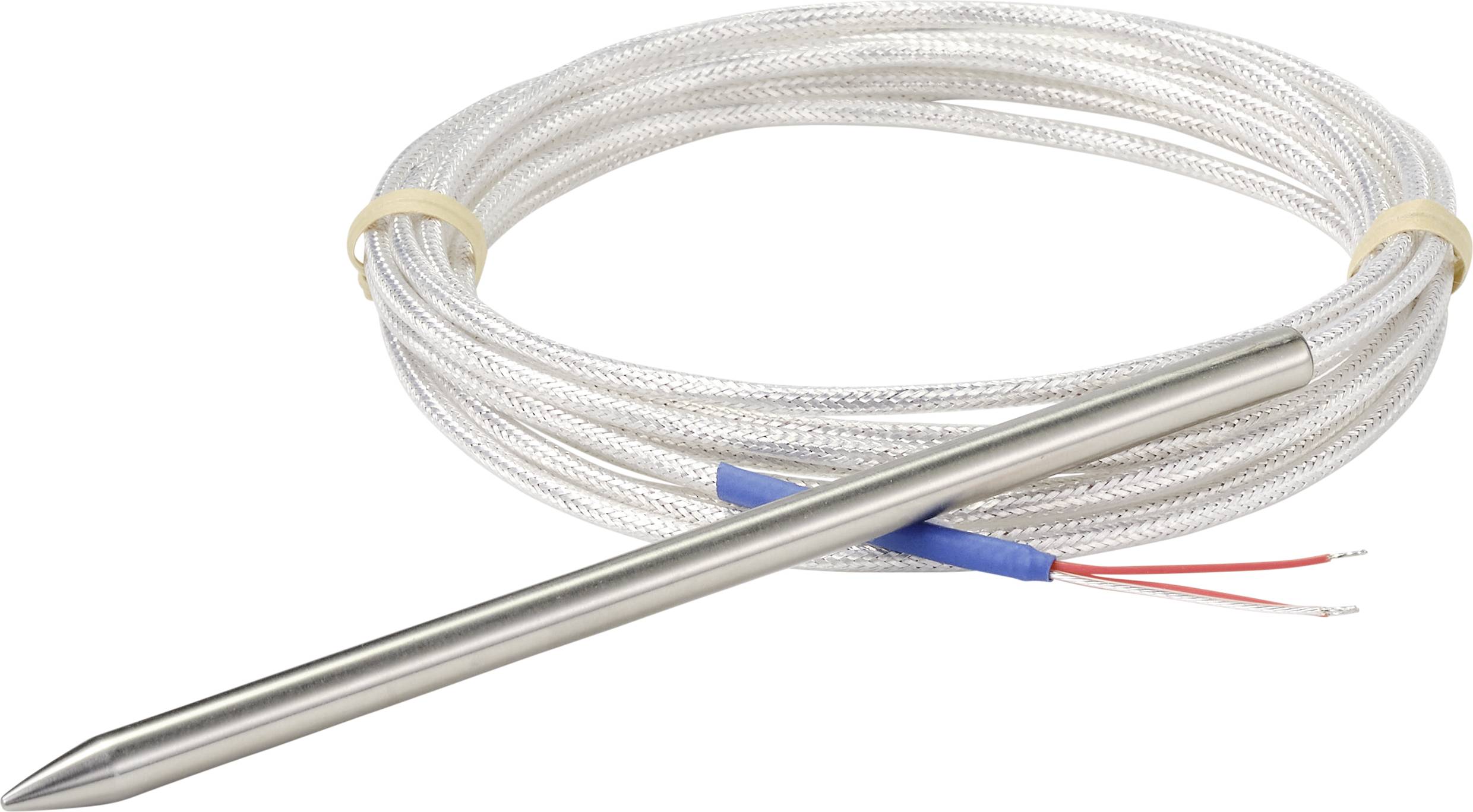 Ein silberner Temperatursensor mit langem, flexiblem Kabel und zwei freiliegenden Drähten am Ende, aufgerollt für Lagerung oder Transport.