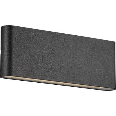 Moderne, rechteckige Wandlampe in Schwarz mit leicht strukturiertem Finish, beleuchtet den unteren Bereich.
