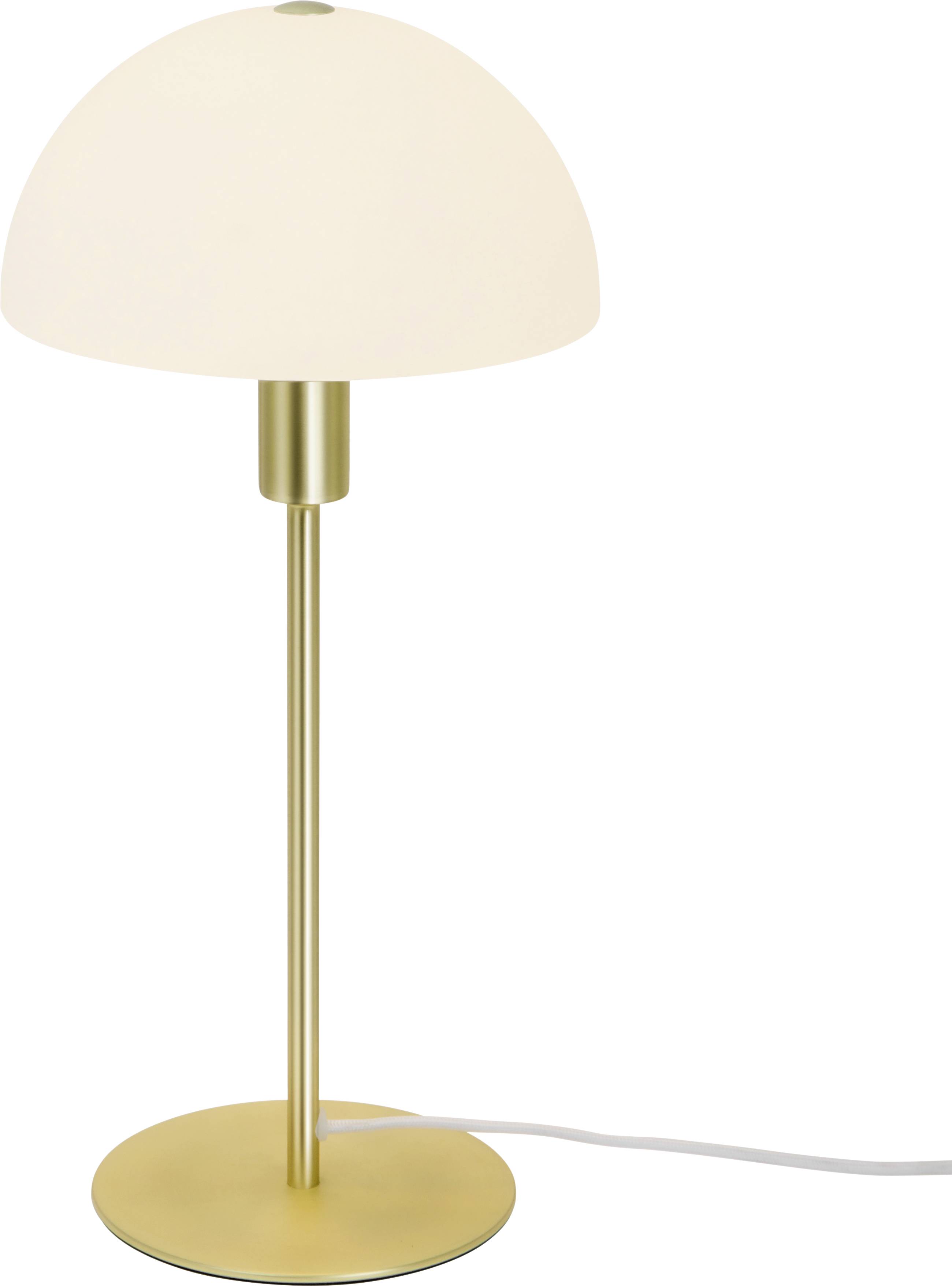 Tischlampe mit weißem, halbkugelartigem Schirm und goldfarbenem Standfuß; modernes, schlichtes Design.