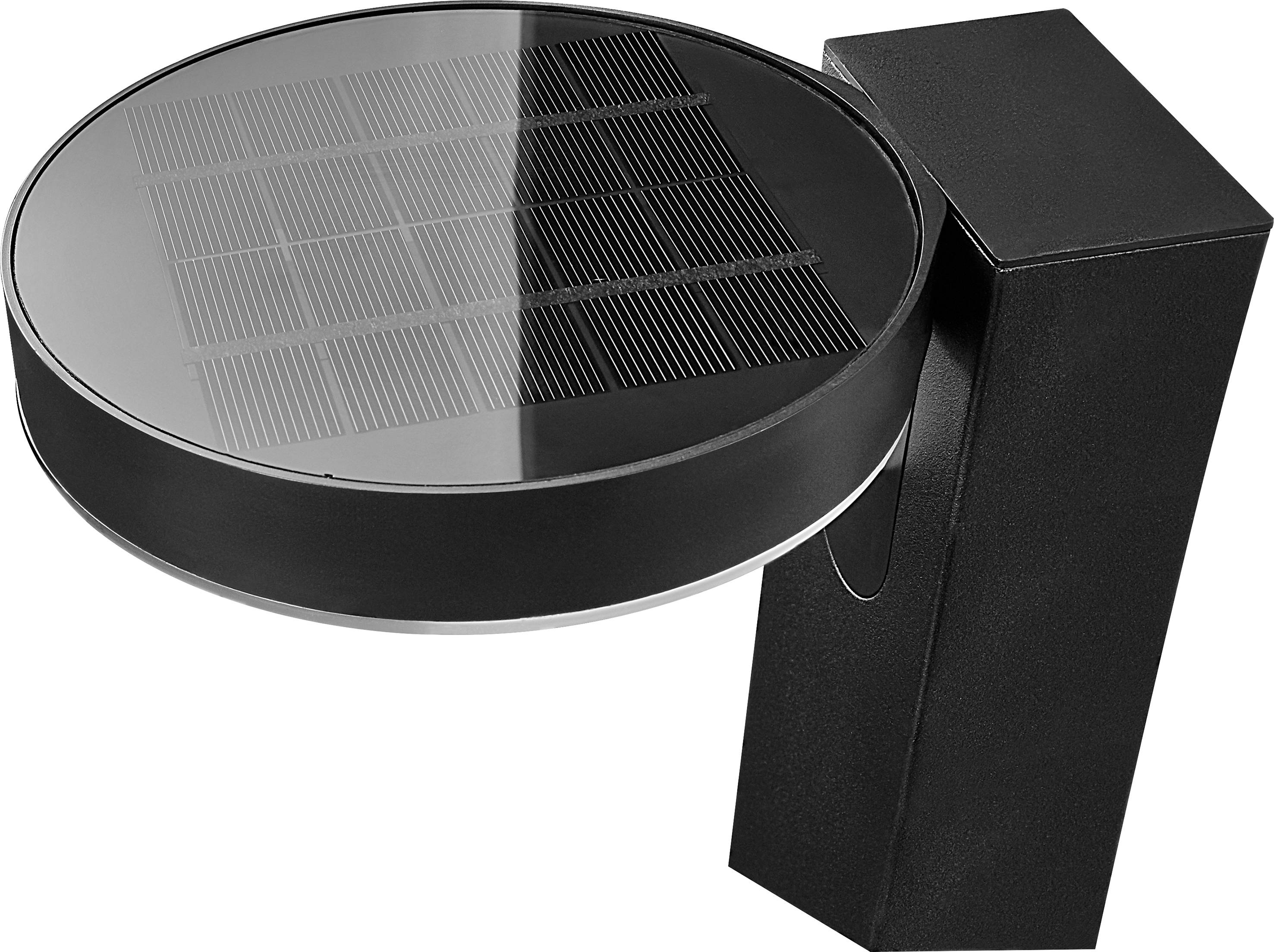 Eine moderne schwarze Solarleuchte mit quadratischem Sockel und rundem Solarpanel. Ideal für energetisch effiziente Außenbeleuchtung.