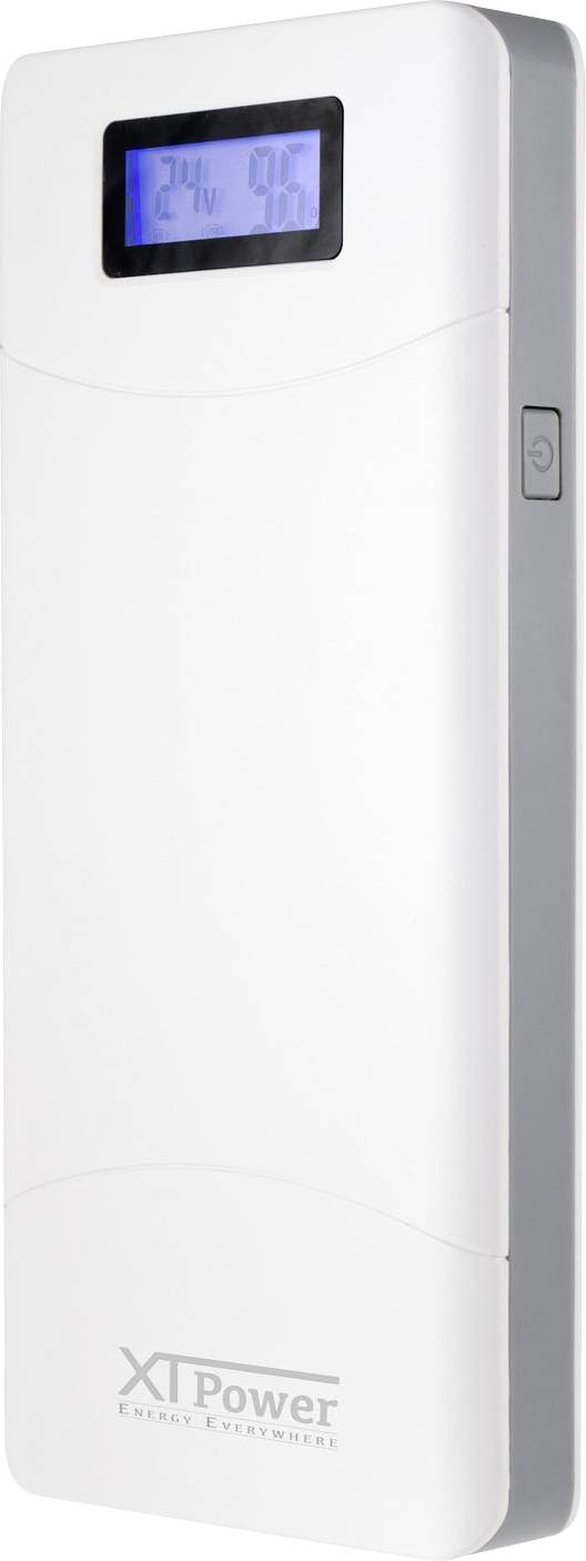 Ein weißes tragbares Ladegerät mit digitalem Display, das '24V, 9A' anzeigt. Aufschrift unten: 'XT Power – Energy Anytime'.