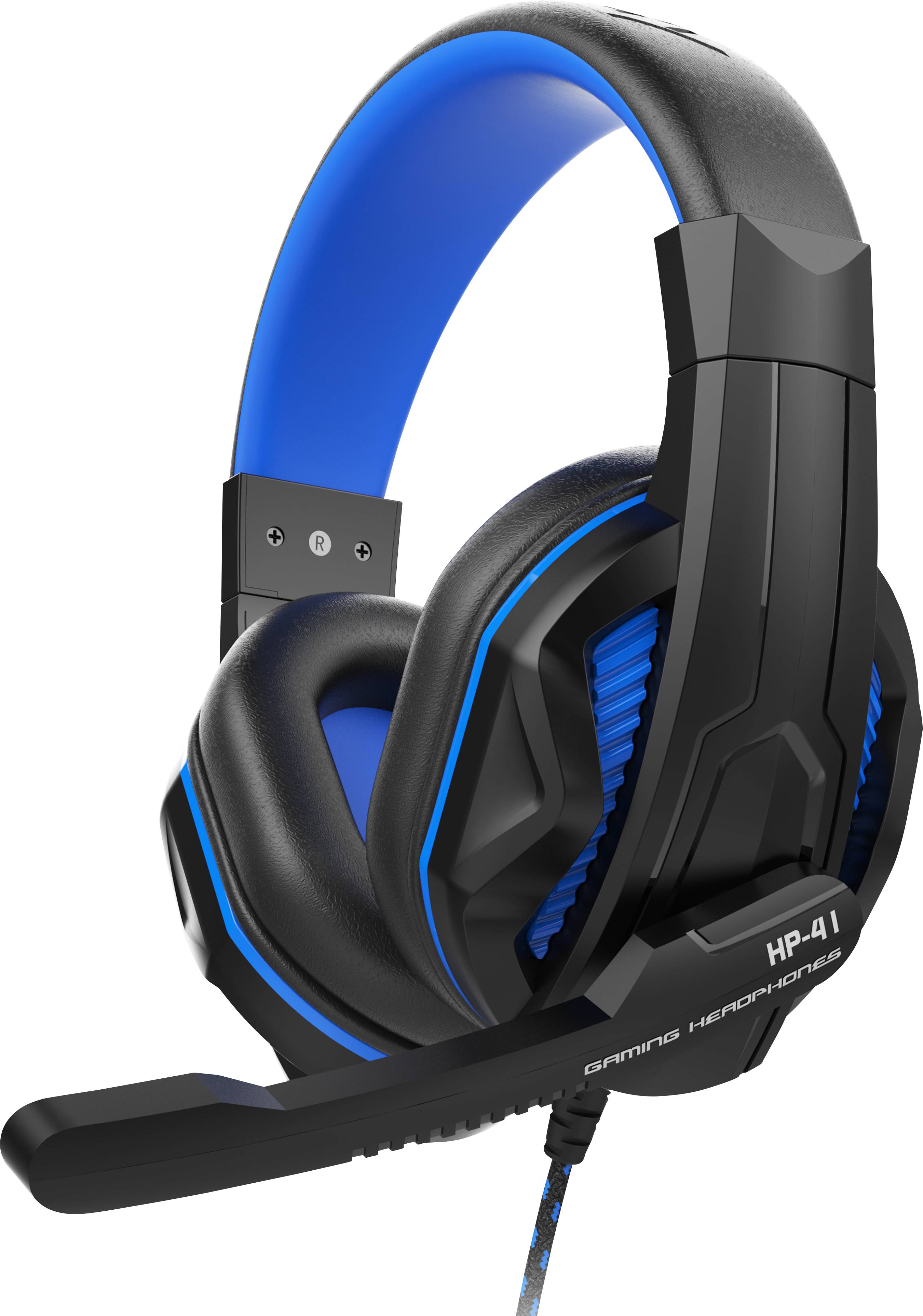 Schwarzes Gaming-Headset mit blauen Akzenten und Mikrofonarm. Aufschrift auf der Ohrmuschel 'HP-4', darunter 'Gaming Headphones'.